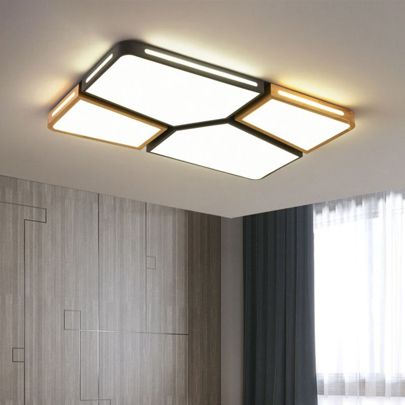 Modern Spliced Rectangle Flush Mount Wooden 35.5"/45" Wide LED Bedroom Ceiling Flush Light in Grey/White/Green
