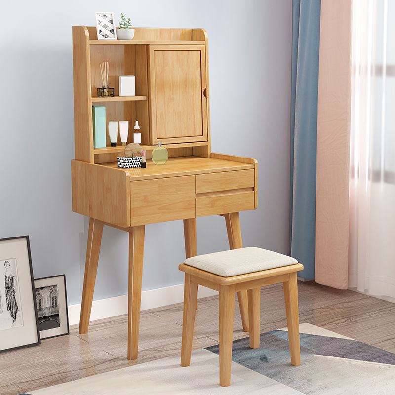 Solid Wood Vanity Table Set 3-Drawer Makeup Vanity Table with Mirror and Stool
