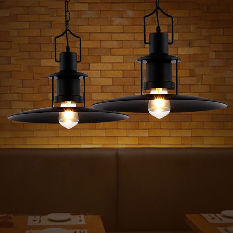 Flat Cone Shade Metal Pendant Light Industrial 1 Light Dining Room Hanging Fixture in Black, 16" Width