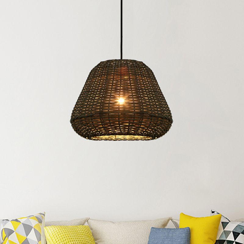 Hand Made Rattan Bucket Pendant for Restaurant Rustic One Head Hanging Lamp in Brown