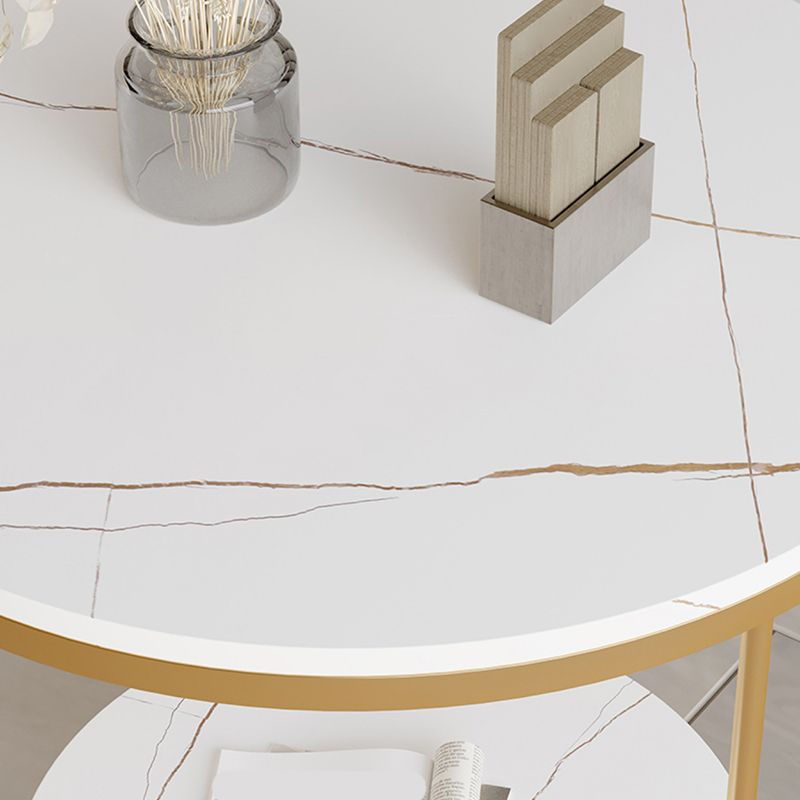 Round Glass & Stone Top Sofa Side Accent Table Frame Shelf Included End Table - Dia 19.69"