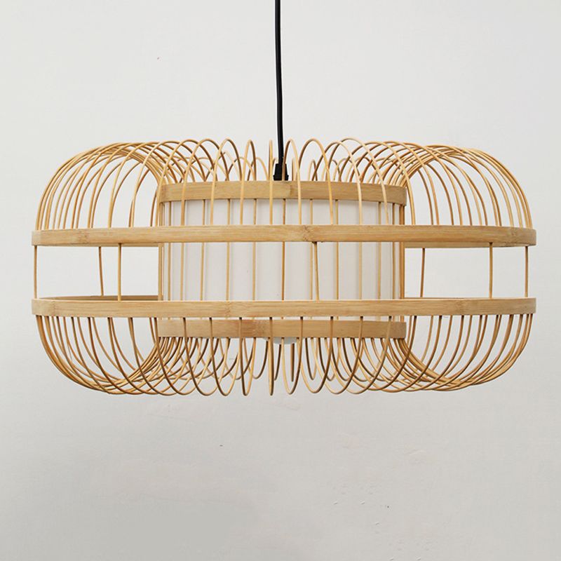 Beige 1-Light Japanese Hanging Lamp Kit Lantern Silk Pendant for Dining Room