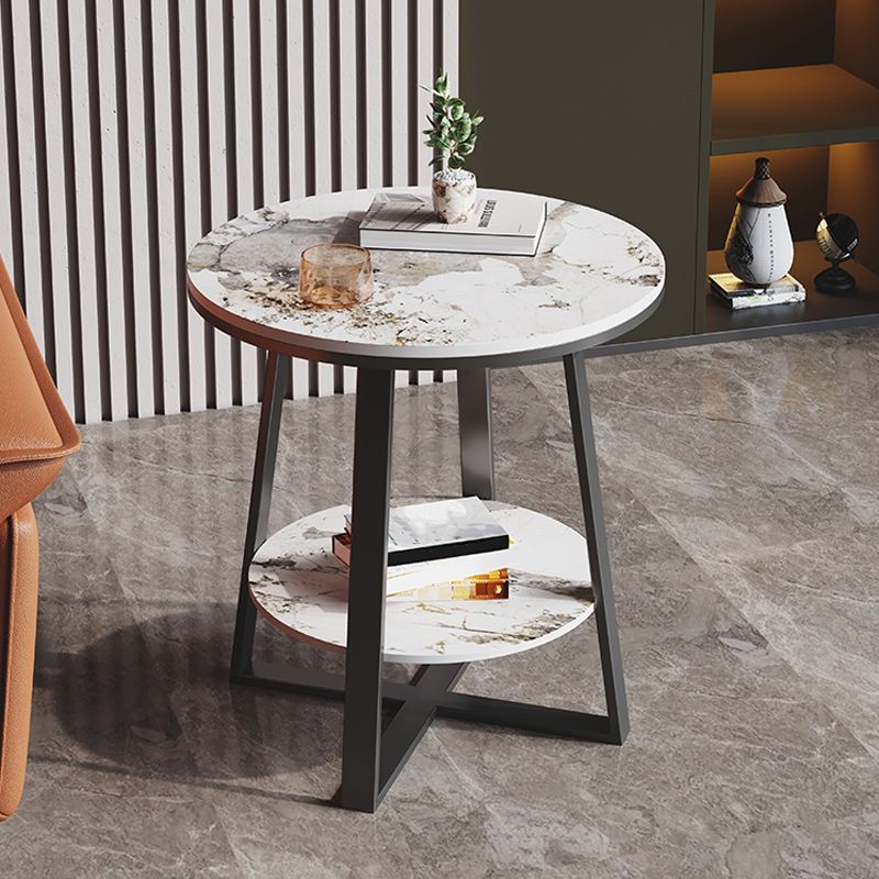 Contemporary Stone End Table Cross Base Round Top Side End Table with Shelf