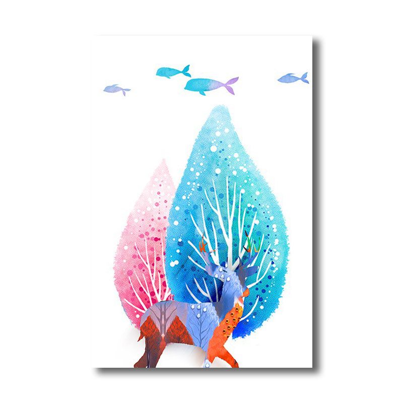 Canvas Home Wall Decor Modernist Elk and Tree Art Print in Blue, Multiple Size Available