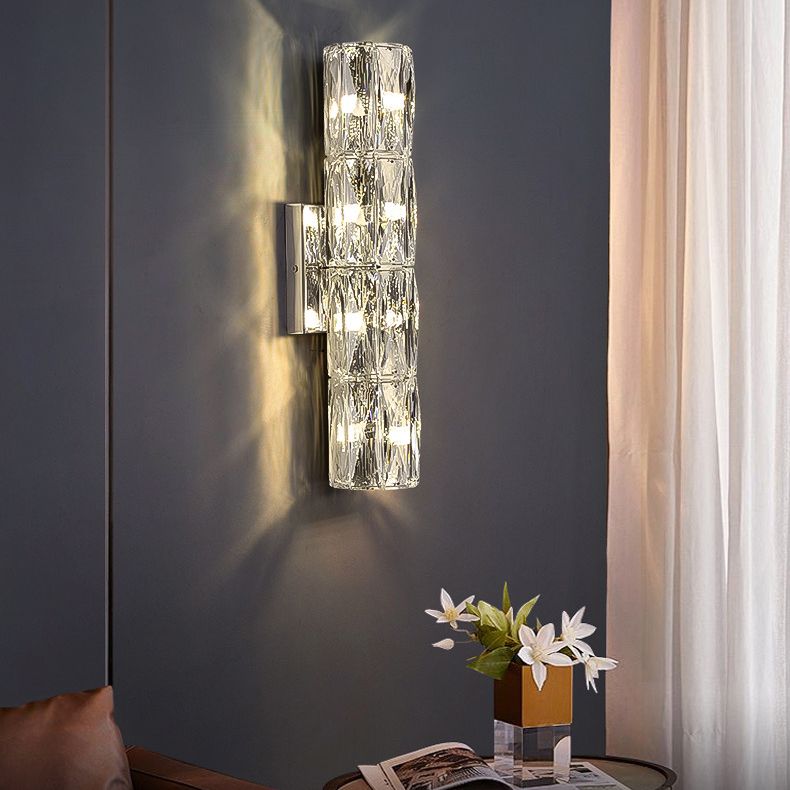 Postmodern Crystal Wall Light Cylinder Multi Light Wall Sconce in Chrome for Bedroom