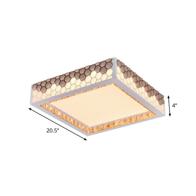 White-Gold Square Flush Light Fixture Modern Crystal Bedroom LED Ceiling Lighting with Honeycomb Design