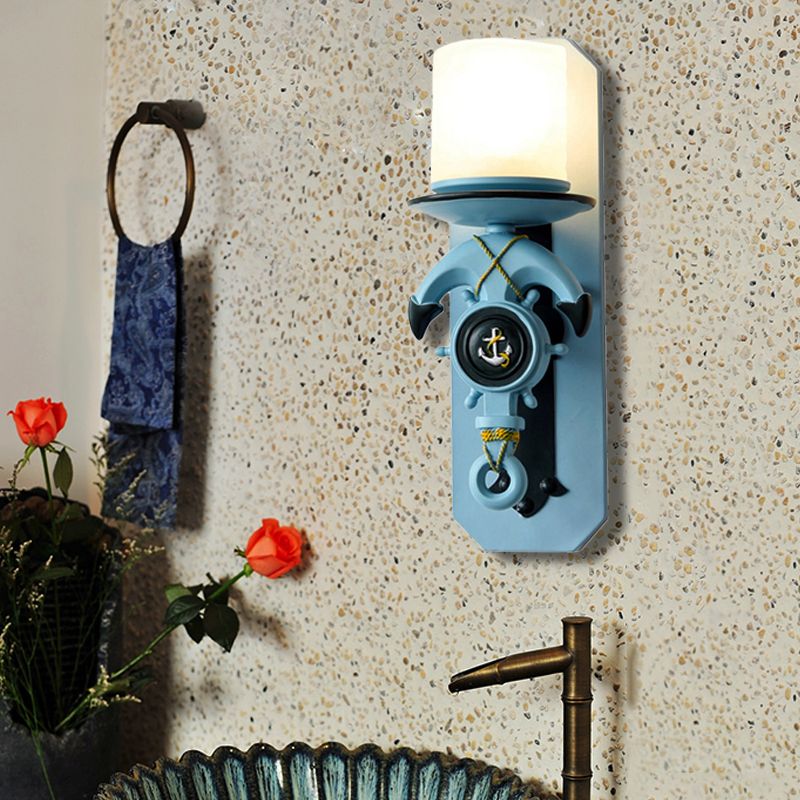 1 Head Indoor Wall Sconce Lamp Nautical Style Blue/White Wall Lighting with Cylinder Opal Glass Shade and Anchor Design