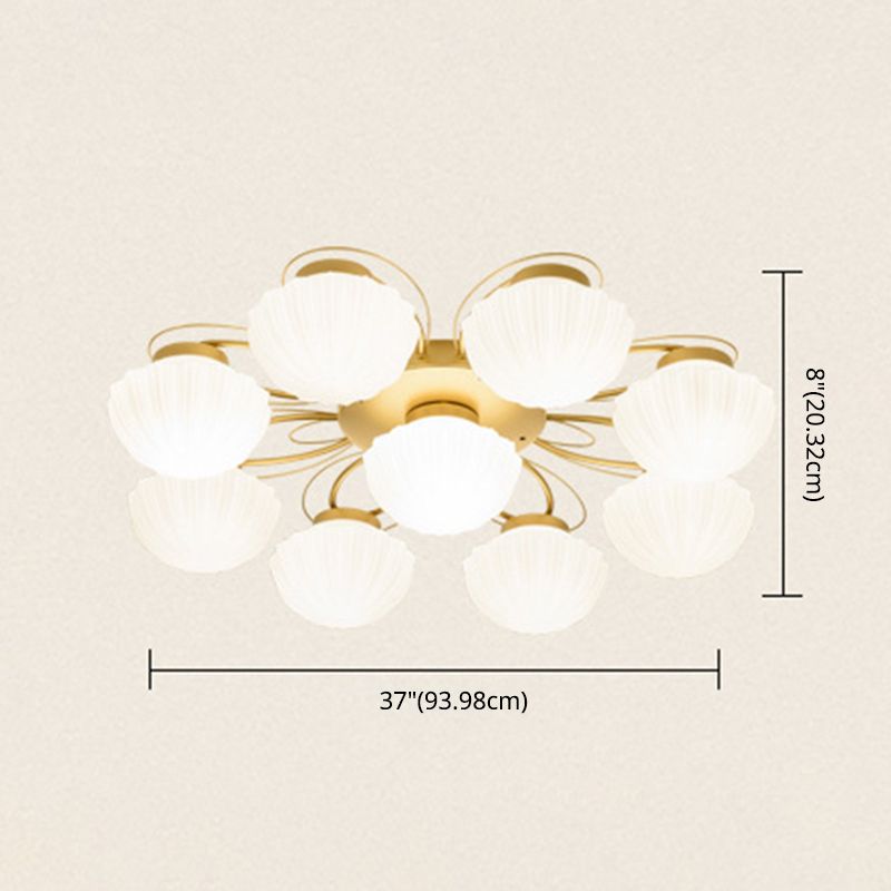 American Traditional Style Plafond Light Mount-Mount avec des coquillages en verre givré blanc Shade en or