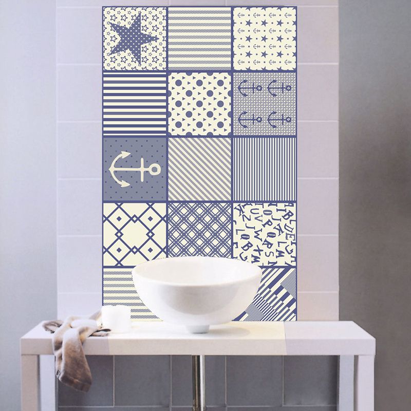 Mediterranean Nautical Wallpaper Panels Beige-Blue Striped Adhesive Wall Covering for Bath