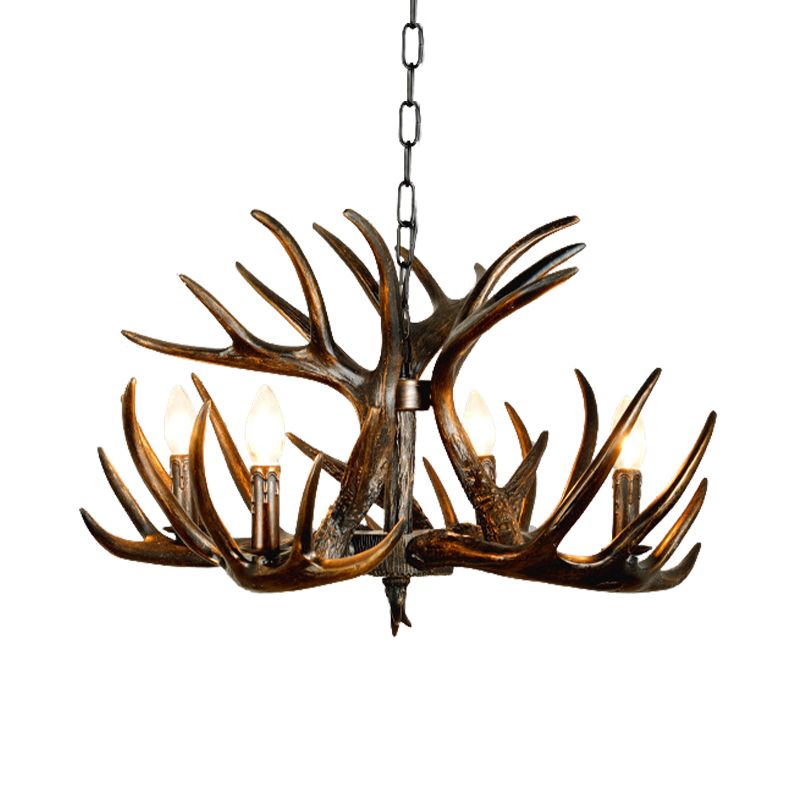 Traditional Candle Hanging Lamp 4/6/9 Bulbs Resin Chandelier Light Fixture with Deer Antler in Brown
