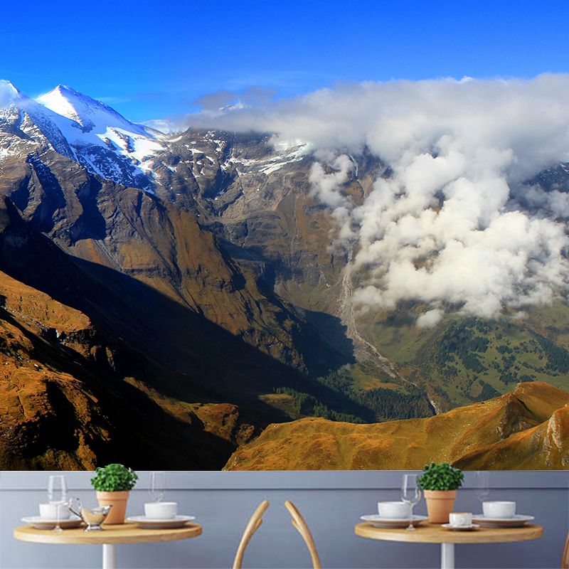 Modern Cloudy Melting Mountain Mural Blue-Brown Stain Resistant Wall Decor for Home