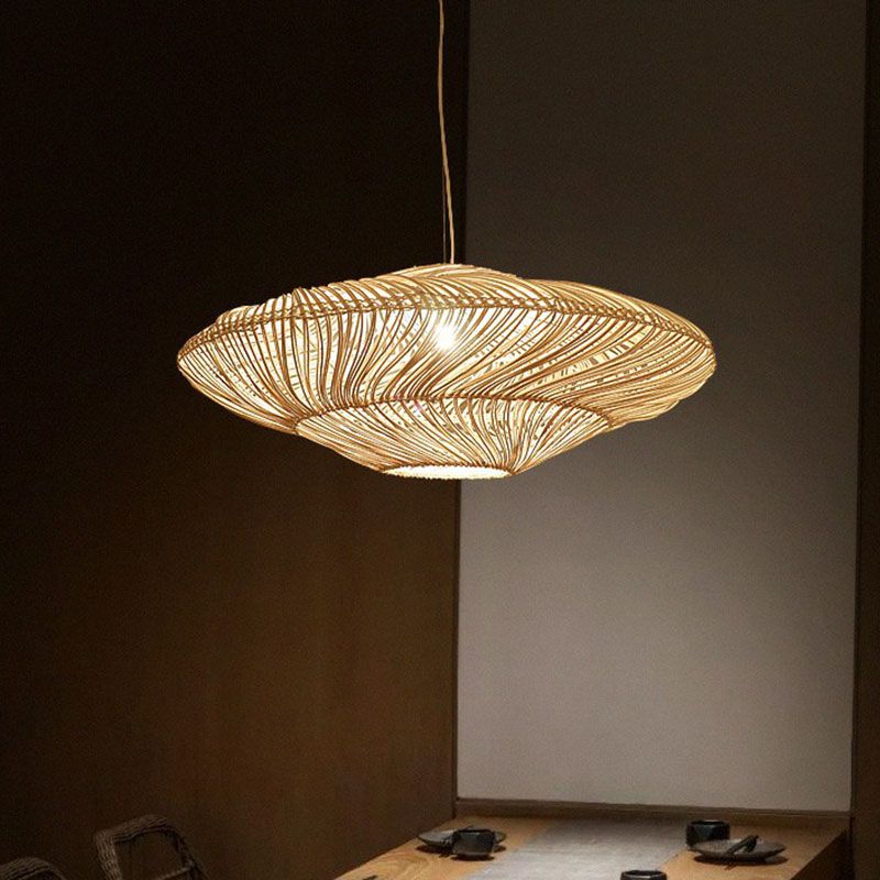 Handcrafted Suspension Lighting Minimalist Rattan 1 Head Restaurant Pendant Ceiling Light in Wood