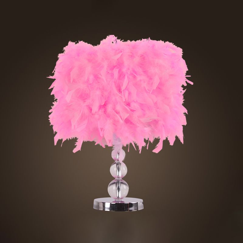 Minimalist Cylinder Night Light Feather 1 Head Bedroom Table Lamp in Red/Pink/Purple with Bubble Crystal Pedestal