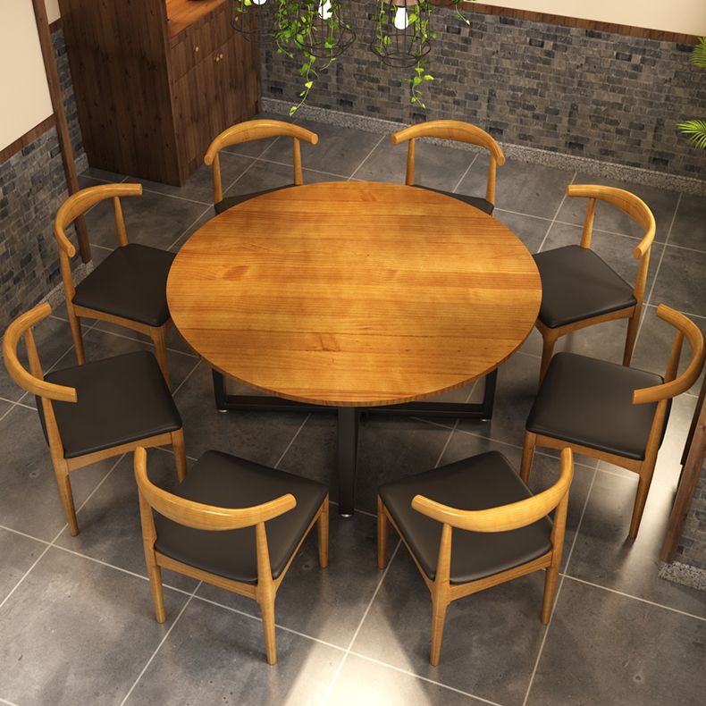 Contemporary Style Wood Dining Table Round Shape Table with Metallic Trestle Base