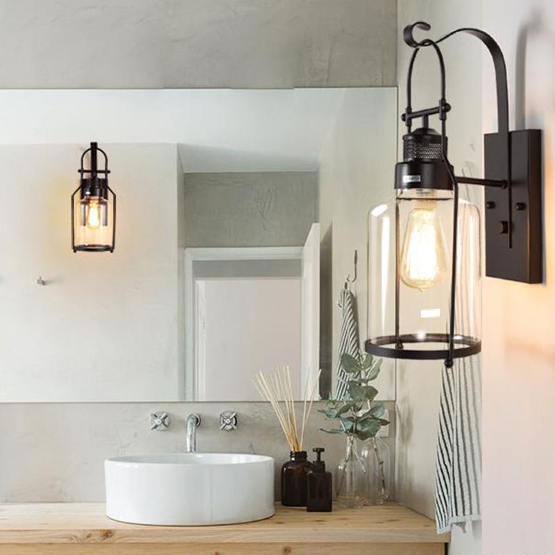 Schwarz 1-Licht-Wandmontage Leuchte Industrielle Clearglaszylinderlampe