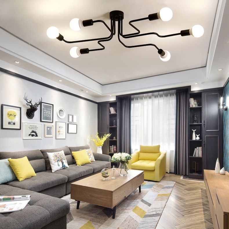 Luz de techo de semi rascilla estilo loft starburst starburst metal luminato de montaje semi descarte en negro