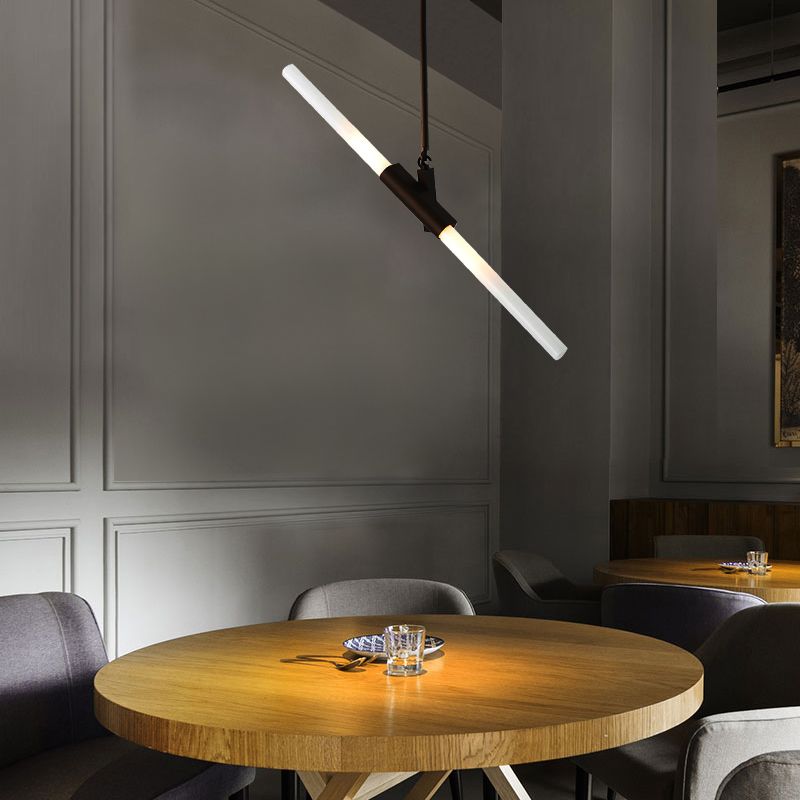 Black Linear Hanging Lighting Modern Simple Style 2 Lights Metal Ceiling Pendant