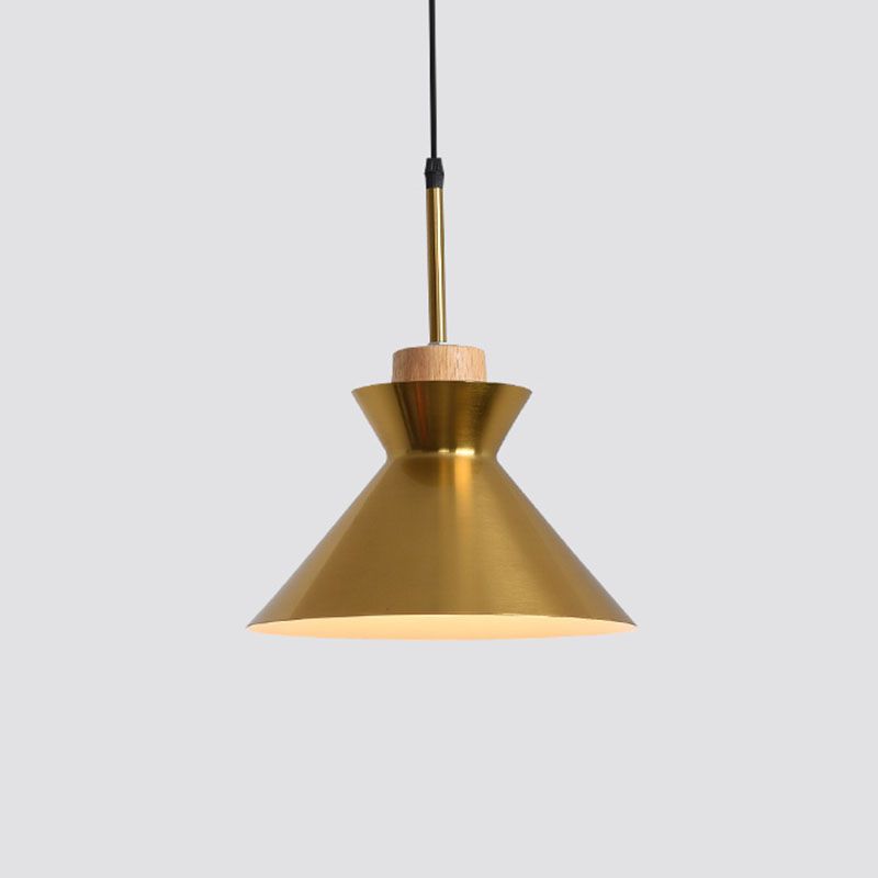 Contemporary Pendant Lights, Brass Metal 1-Light Pendant Light Fixture with Wood Top