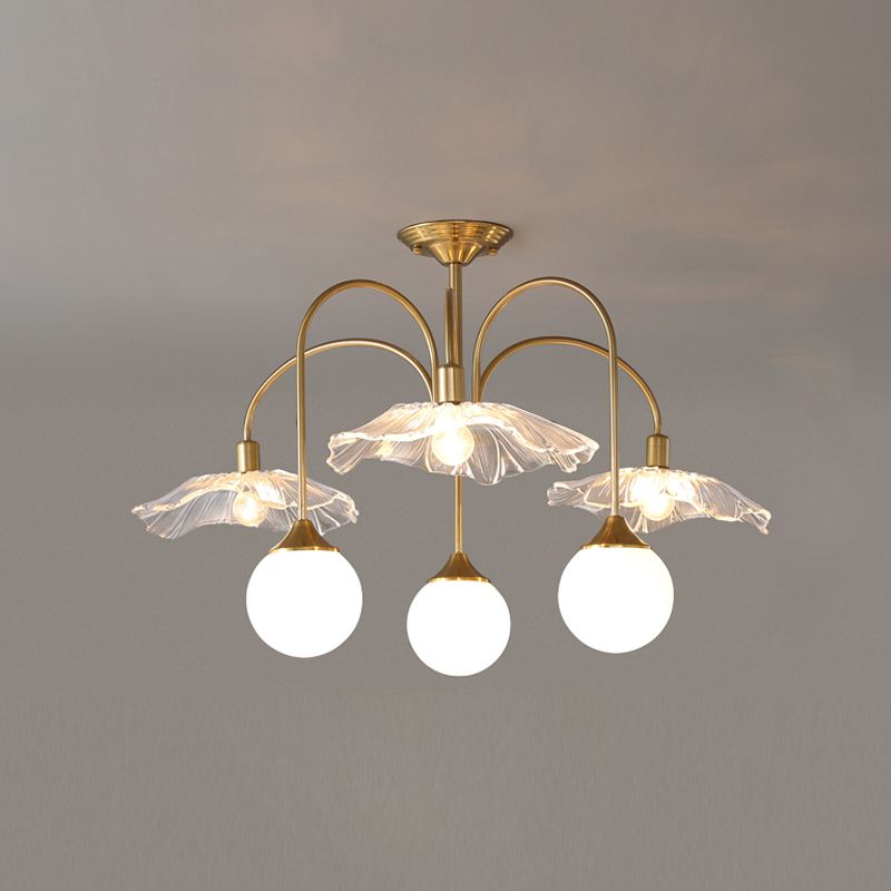 Metal Semi Flush Lamp Traditional Multi-Head Bedroom Ceiling Lighting with Glass Shade