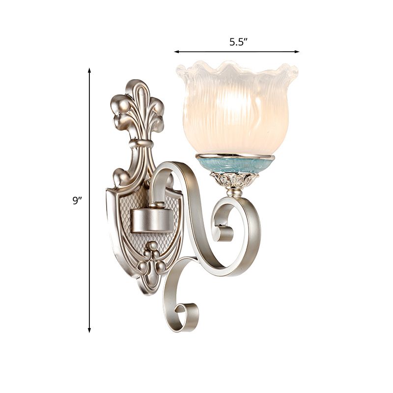Silver 1/2-Head Wall Lighting Traditional Cream Glass Blossom Wall Sconce Light with Scrolled Arm