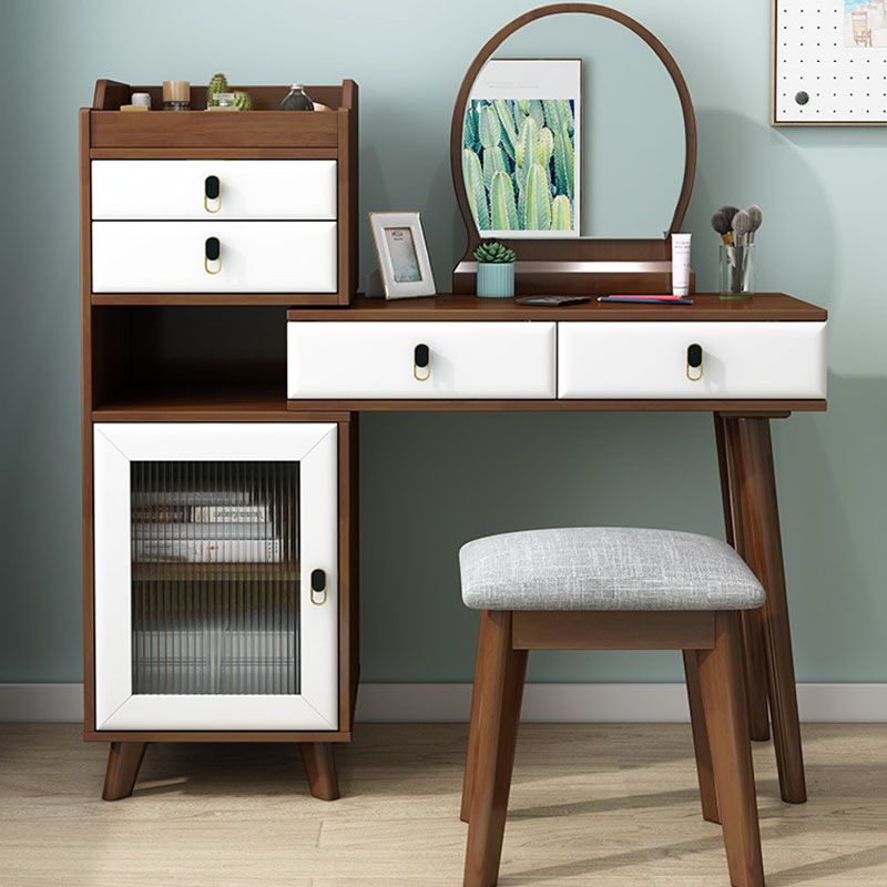 Wood Vanity Set with Stool and Mirror 4 Drawers Dresser Modern Style