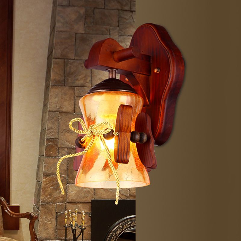 Brown 1 Bulb Wall Mount Light Rural Yellow Water Glass Flared Wall Sconce Lighting with Wood Backplate
