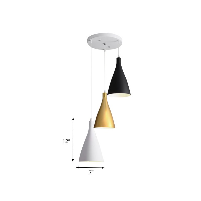 Moderniste 3 lumières Multi Light Pendant Blanc-Black-Gold Conical Le plafond avec ombre en métal, verrière rond / linéaire