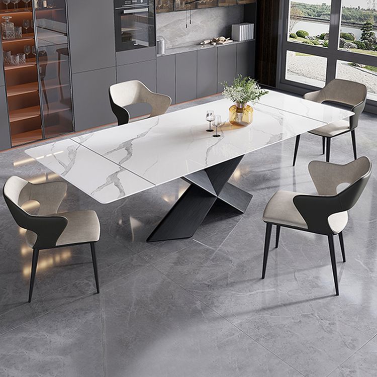 Mesa de comedor de piedra sinterizada extensible Mesa blanca industrial con pedestal de metal