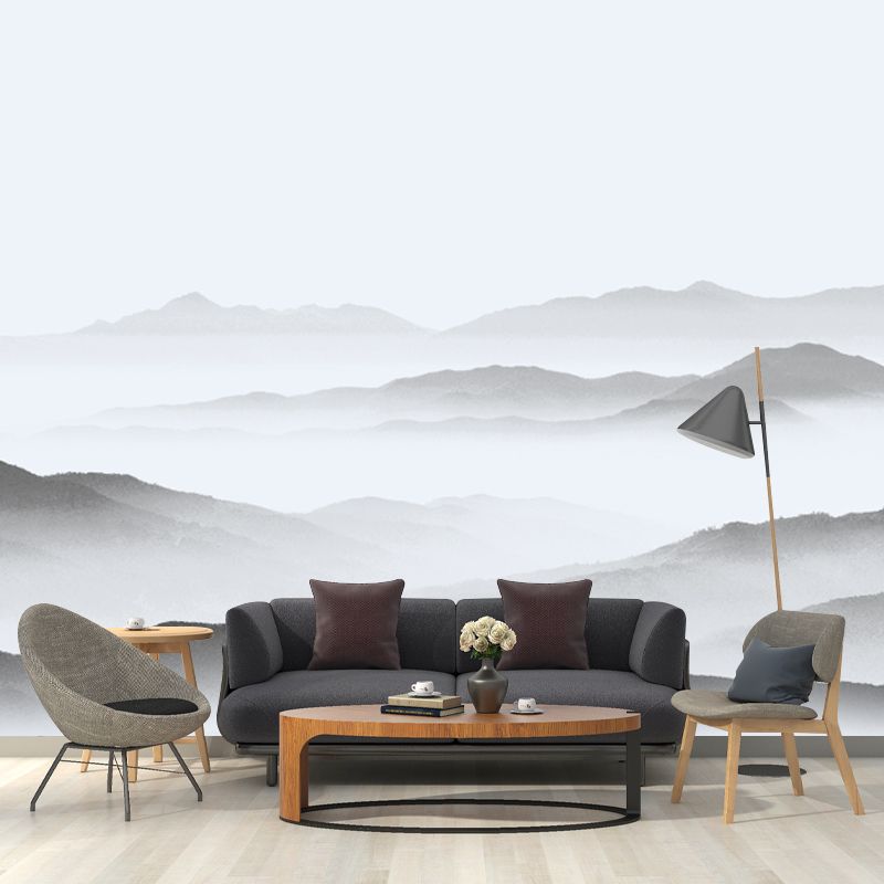 Asian Misty Mountain Mural Decal Soft Grey Living Room Wall Covering, Custom Size Available
