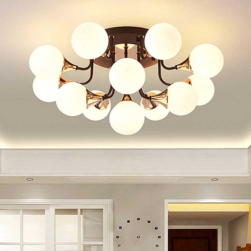 6/10/13 Lights Corridor Semi Flush Chandelier Milk White Glass Shaded Sphere Ceiling Mounted Light in Black