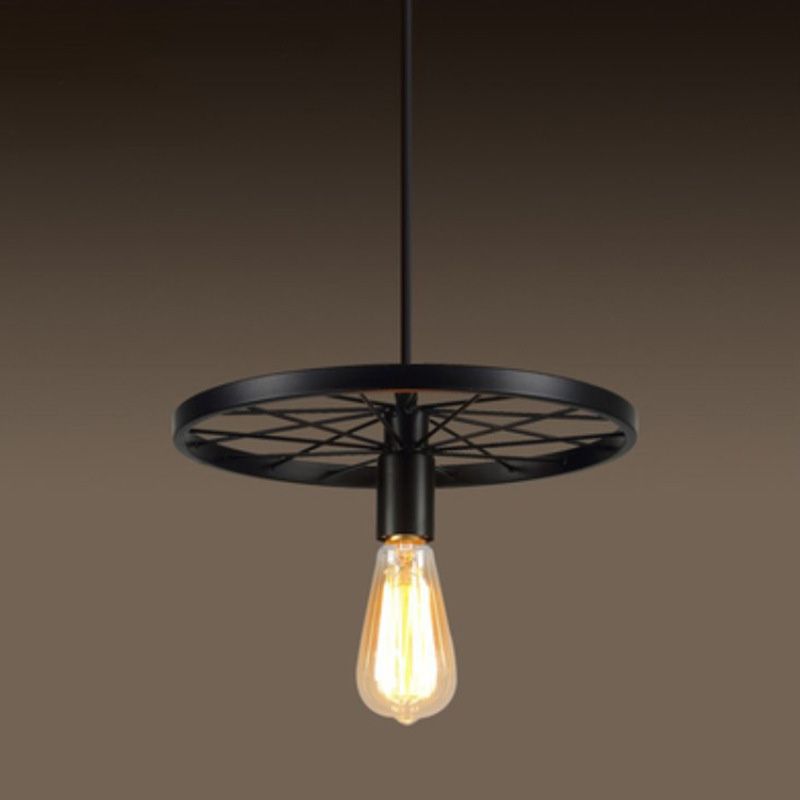 Wagon Wheel Style Industrial Hanging Light retrò ciondolo in ferro battuto in nero
