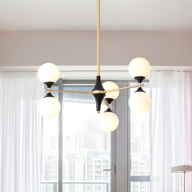 6/8/12 Heads Living Room Chandelier Postmodern Black-Gold Hanging Light with Hourglass Ivory Glass Shade