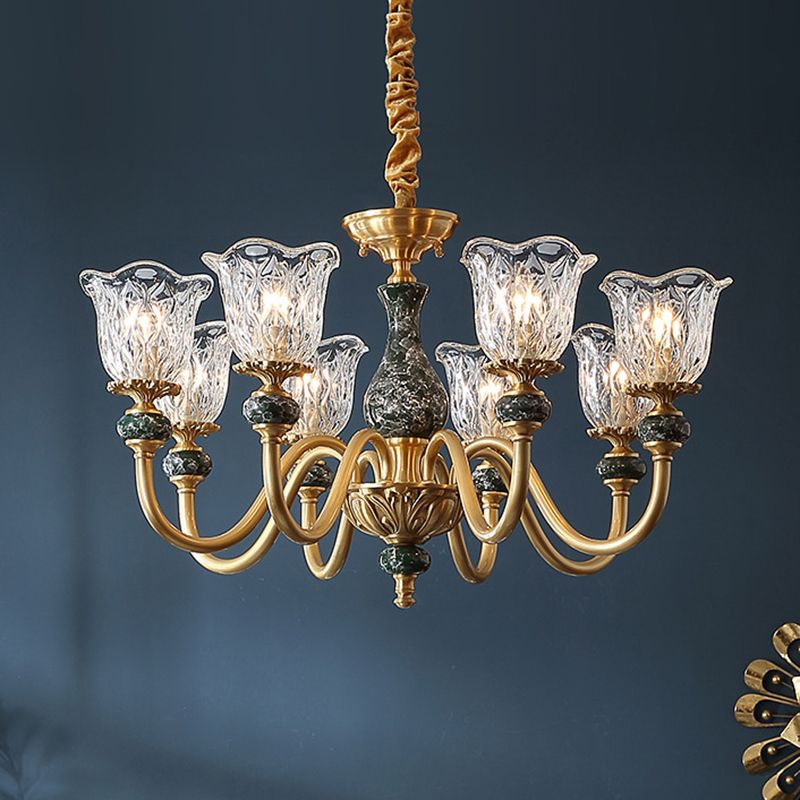 Traditional Flared Ceiling Lighting Carved Glass Chandelier Light Fixture with Ruffle Edge in Brass