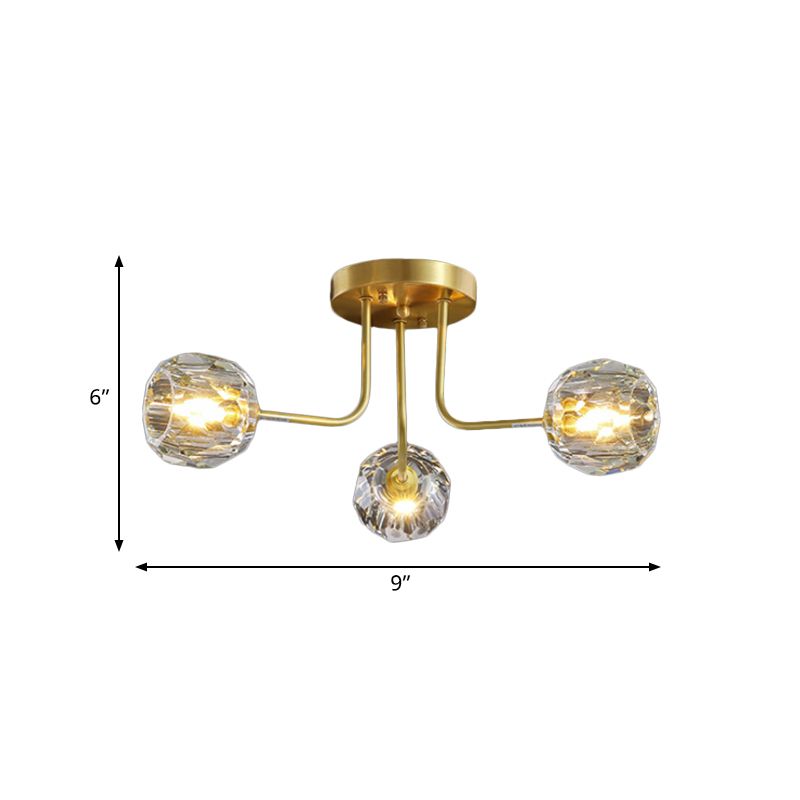 Moderne Ball Semi Flush Light 3/5-Light Clear Crystal Deckenbeleuchtung in Gold mit Sputnik-Design
