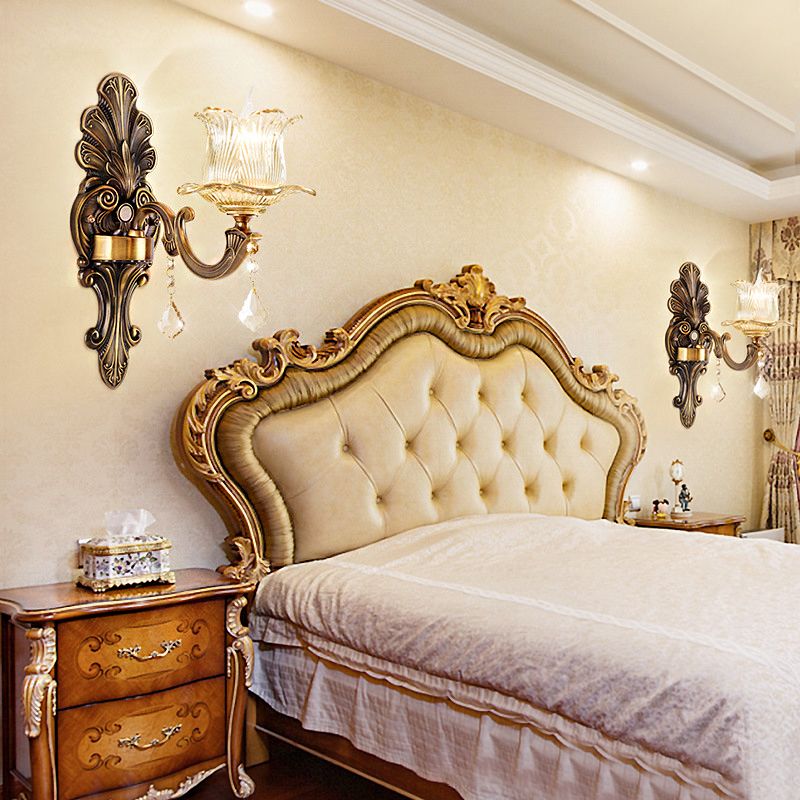 Lampada da parete da parete da 1/2 luci a 2 luci Lampada vintage Lighting Ottone Sconce con tonalità di vetro testurizzata chiara petalo