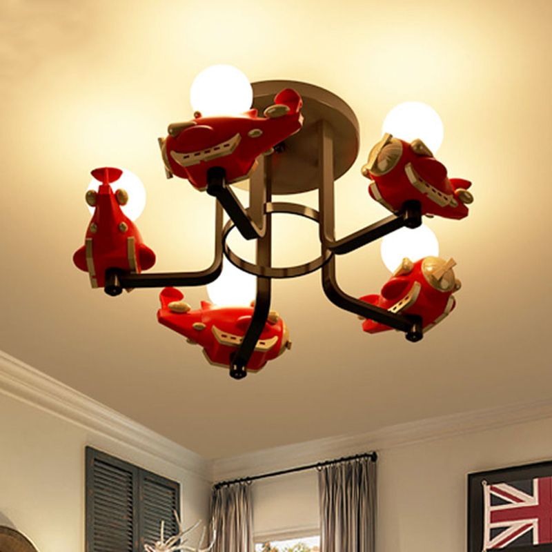 Avión Metal Semi Flush Mount Cartoon 5 luces Rojo Flush Light for Boys Bedroom