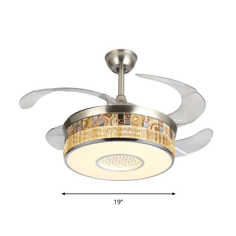 19 "W LED LAD SEMI Flush Mount Minimalismus Nickel 4 Klingen Hängende Lüfterlampe mit Trommelkristallschatten