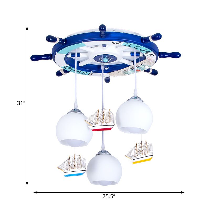White Glass Global Hanging Lamp Kids 3 Heads Pendant Lighting with Rudder Shaped Canopy in Blue