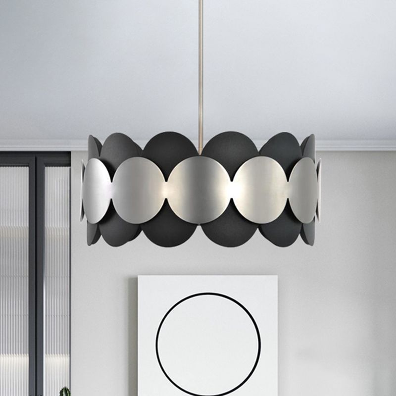 Black Drum Shape Hanging Lighting Modern Nordic 6 Bulbs Metallic Ceiling Chandelier for Bedroom
