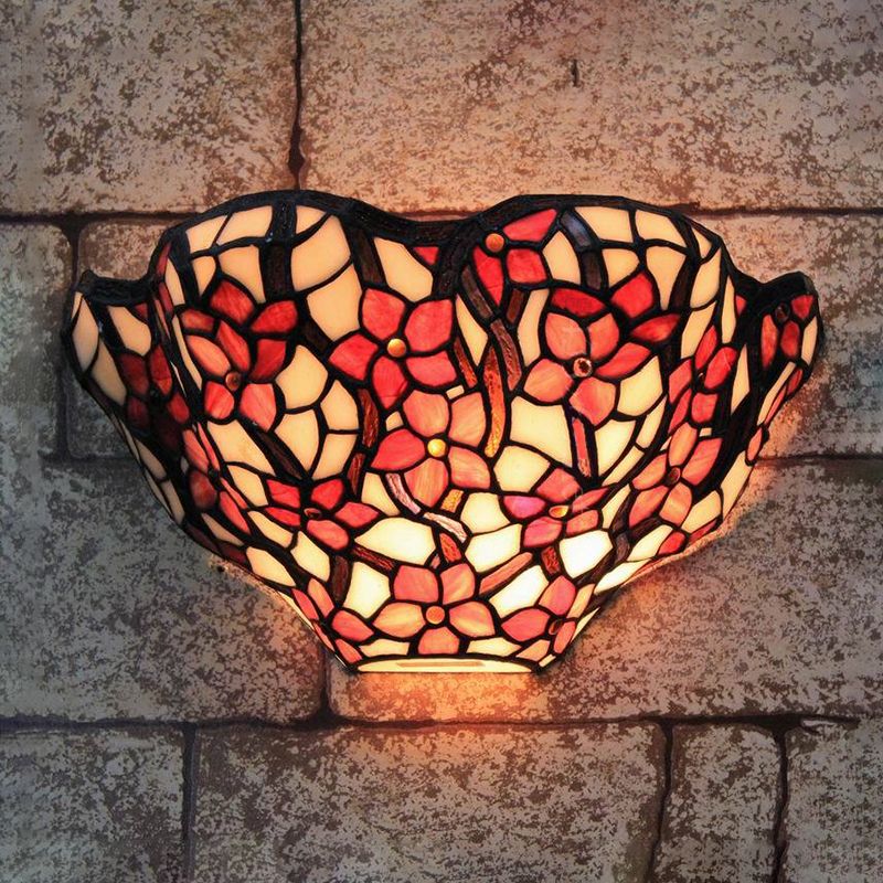 Floral Front Door Wall Sconce Stained Glass Tiffany Rustic Wall Light in Black and Red