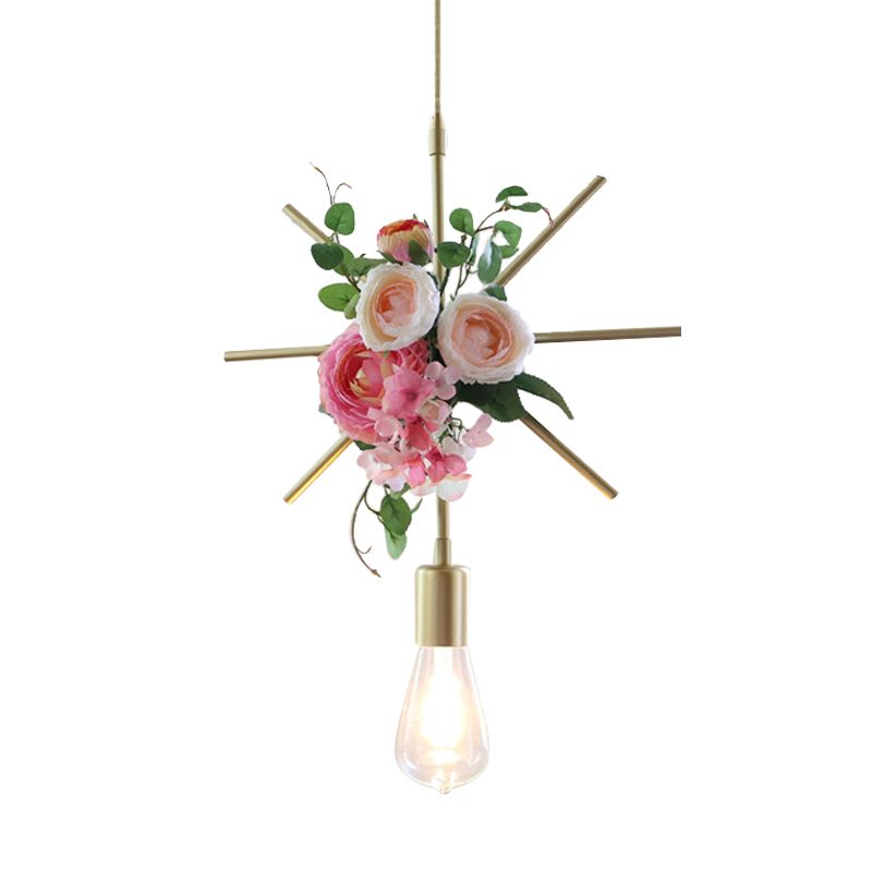 Metal Gold Ceiling Pendant Artificial Flower 1 Head Industrial Hanging Light Fixture with Triangle/Square/Linear Frame