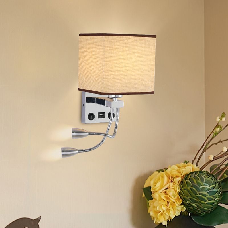 Modern Metal Wall Sconce Square Shape Wall Light with Fabric Shade for Bedroom