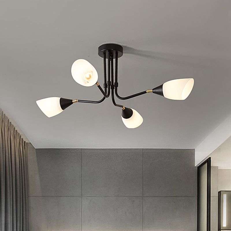 Modernism 4/6/8 Bulbs Ceiling Chandelier Black Flared Hanging Pendant Light with Milky Glass Shade