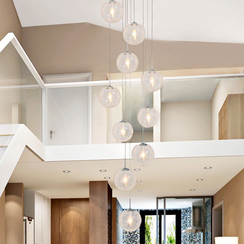 Global Clear Glass LED Hängende Lampe Moderne 10 Köpfe Treppe Multi -Pendellichtende Deckenleuchte in Weiß
