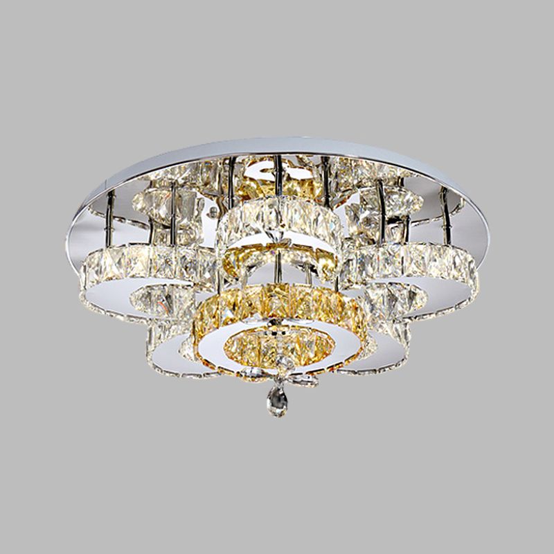 LED Bedroom Semi Mount Lighting Minimalism Chrome Ceiling Fixture with Floral Crystal Block Shade