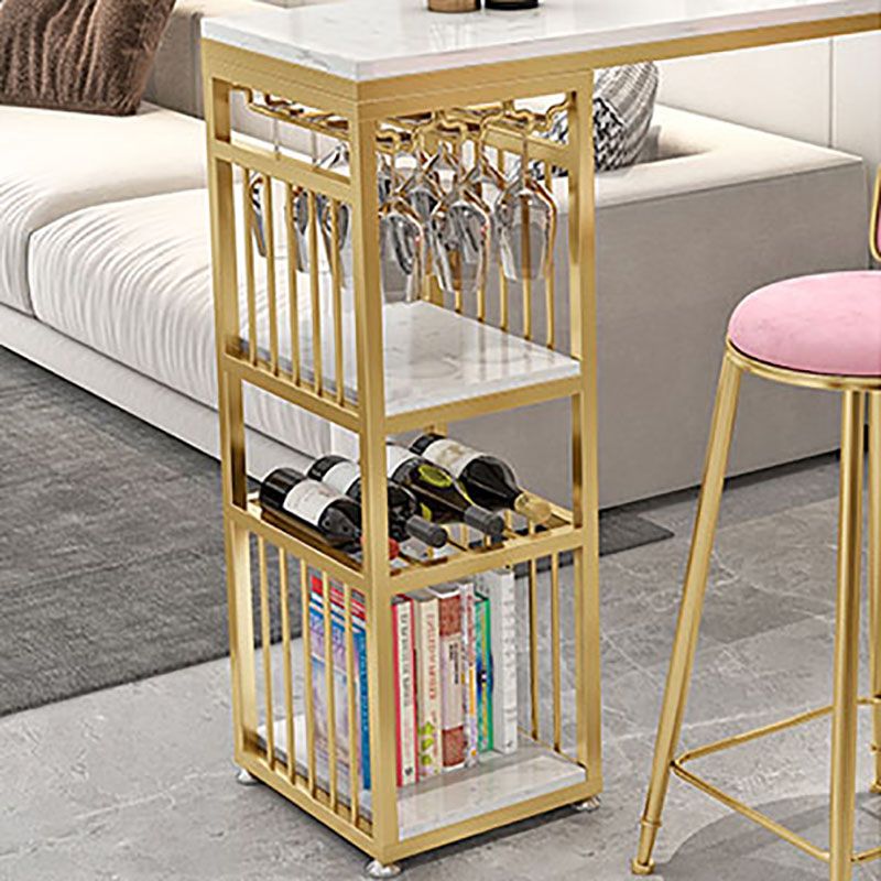 Glam White Marble Bar Dining Table Iron Double Pedestal Bistro Table with Shelve