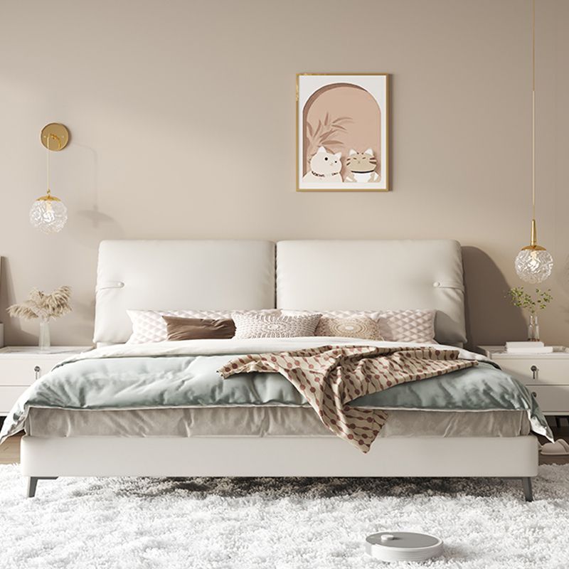 Modern Genuine Leather Bed Frame Pine Wood Panel Bed with Upholstered Headboard