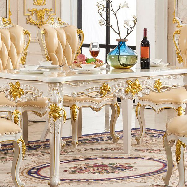 Victorian Marble Table Set of 5/7 with Rectangle Table Caved Dining Set with Leather Chairs