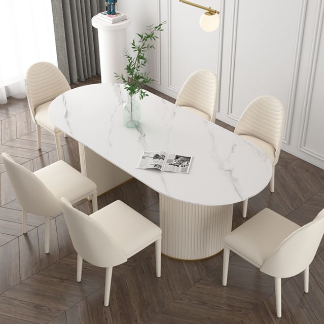 Oval Double Pedestal Modern Dining Table Sintered Stone Fixed Table for Kitchen