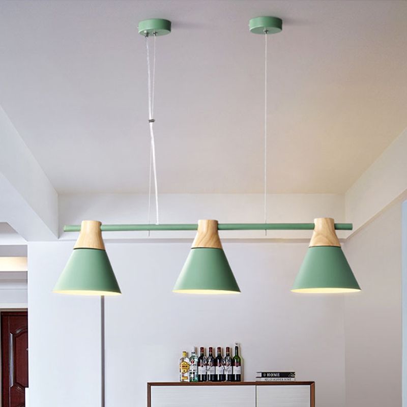 Cone Dining Room Suspension Light Iron 3 Bulbs Modern Multi Lamp Pendant in Yellow/Blue/Green with Linear Design